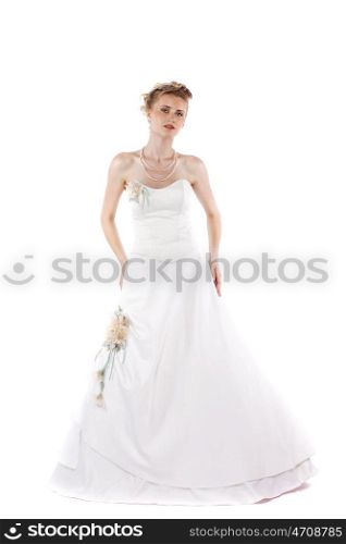 Full length portrait of gorgeous bride wearing wedding dress on white background isolated