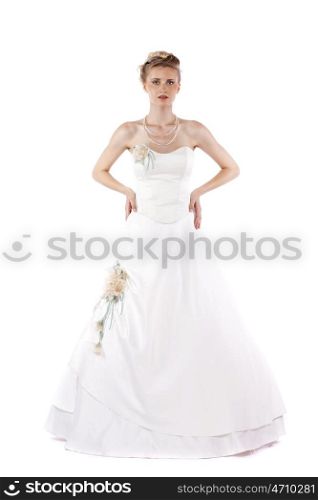 Full length portrait of gorgeous bride wearing wedding dress on white background isolated