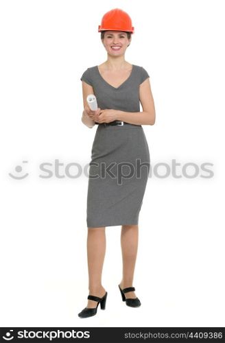 Full length portrait of happy architect woman. HQ photo. Not oversharpened. Not oversaturated. Full length portrait of happy architect woman isolated