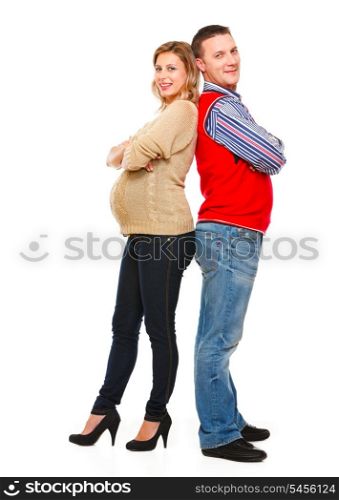 Full length portrait of happy beautiful pregnant woman with husband on white background &#xA;