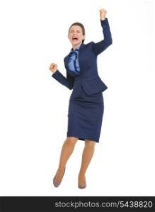 Full length portrait of happy business woman rejoicing success