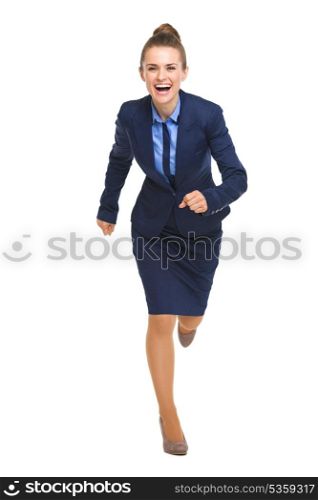 Full length portrait of happy business woman running straight