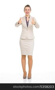 Full length portrait of happy business woman showing thumbs up