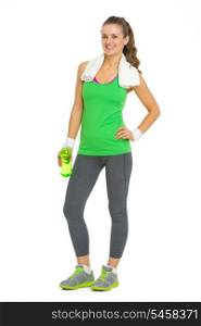 Full length portrait of happy fitness young woman with bottle of water