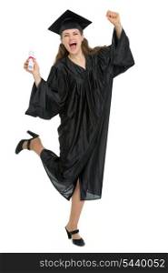 Full length portrait of happy graduation woman with diploma