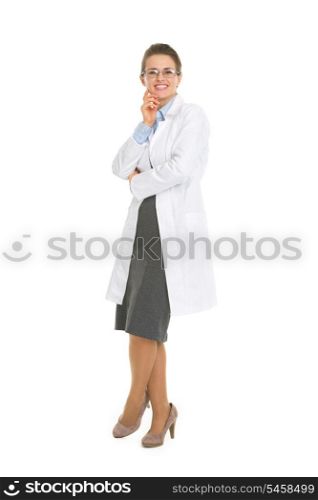 Full length portrait of happy oculist woman with glasses