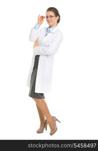 Full length portrait of happy ophthalmologist doctor with glasses