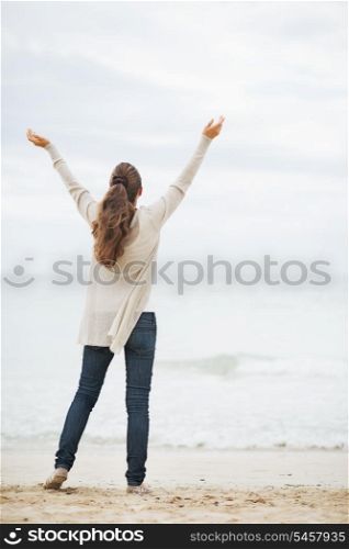Full length portrait of happy young woman in sweater rejoicing on beach . rear view