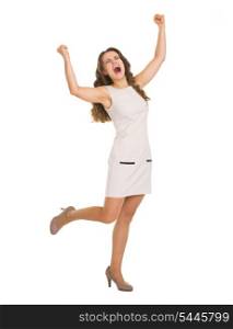 Full length portrait of happy young woman rejoicing success