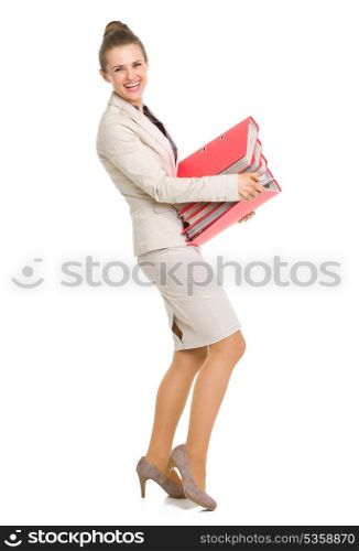 Full length portrait of holding stack of folders