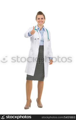 Full length portrait of medical doctor woman showing thumbs up