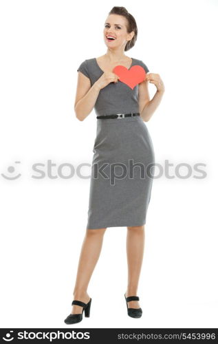 Full length portrait of modern woman holding heart shaped postcard