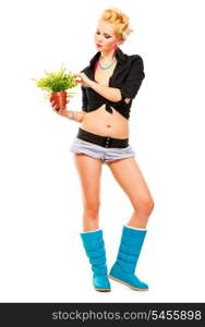 Full length portrait of modern young girl looking on flower in hand isolated on white&#xA;