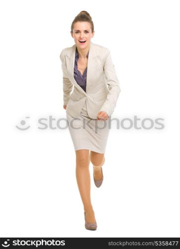 Full length portrait of running business woman