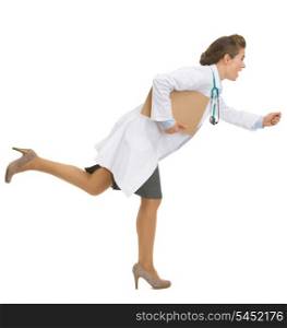 Full length portrait of running medical doctor woman