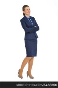 Full length portrait of smiling business woman looking on copy space