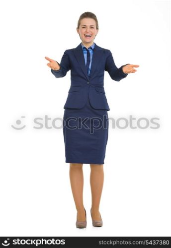 Full length portrait of smiling business woman welcoming