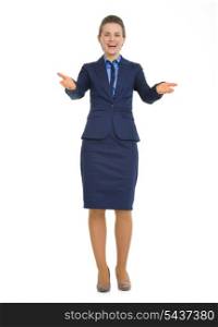 Full length portrait of smiling business woman welcoming