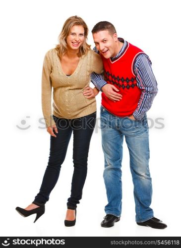 Full length portrait of smiling pregnant with husband on white background &#xA;