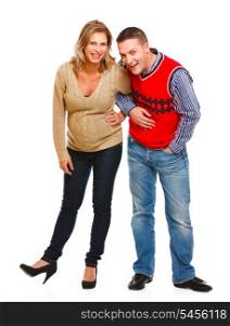Full length portrait of smiling pregnant with husband on white background &#xA;