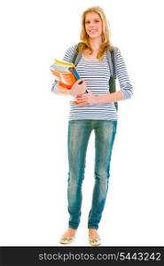 Full length portrait of smiling pretty teen with backpack and schoolbooks isolated on white &#xA;