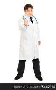 Full length portrait of strict medical doctor shaking his finger isolated on white&#xA;