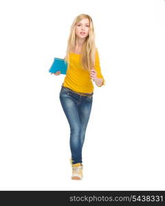 Full length portrait of student girl running straight