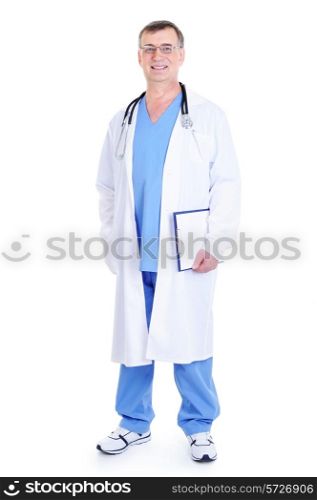 full-length portrait of successful smiling male doctor holding document