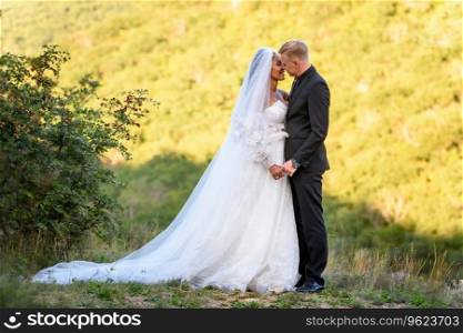 Full-length portrait of the newlyweds against the backdrop of brightly lit foliage, the newlyweds are ready to kiss a. Full-length portrait of the newlyweds against the backdrop of brightly lit foliage, the newlyweds are ready to kiss