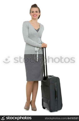 Full length portrait of traveling woman with suitcase