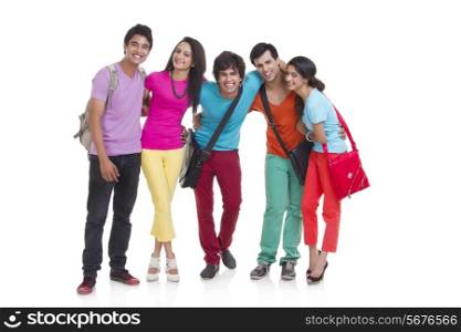 Full length portrait of university students smiling together over white background
