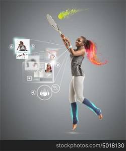 Full length portrait of young african woman playing tennis wearing technology watches with all data about her