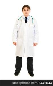 Full length portrait of young medical doctor in uniform with stethoscope isolated on white&#xA;