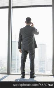 Full length rear view of mature businessman using cell phone white standing near window