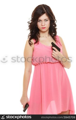 Full length sexy detective spy. Woman brunette holding gun isolated on white background