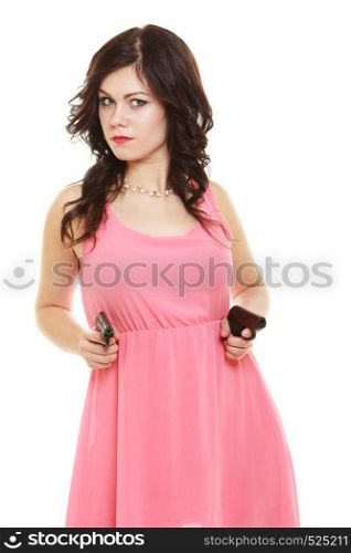 Full length sexy detective spy. Woman brunette holding gun isolated on white background