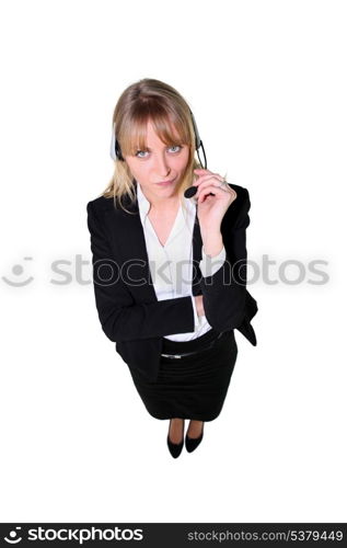 Full length shot of a blonde woman wearing a headset
