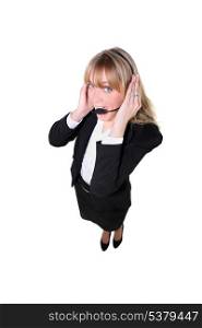 Full length shot of a suited woman wearing a telephone headset