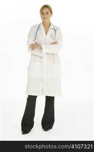 Full Length Shot Of Female Doctor Against White Background