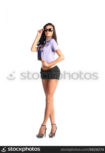 Full length shot of sexy woman in sexy shorts and violet jacket, isolated on white background