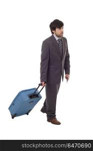 Full length side view of young businessman with luggage walking isolated on white background. luggage