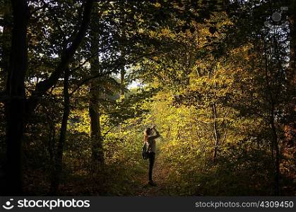 Full length side view of young woman in forest looking up using binoculars, Worcestershire, UK