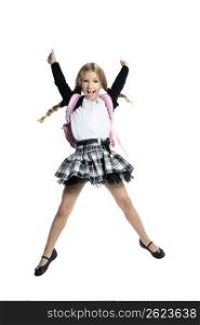 full length stand up little blond school girl with backpack bag high jump on white background