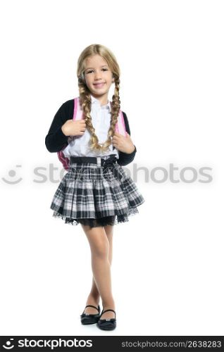 full length stand up little blond school girl with backpack bag portrait isolated on white background