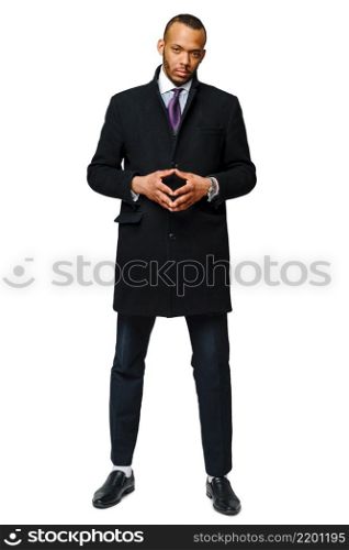 full length studio shot of a african-american businessman wearing coat Isolated on white background.. full length studio shot of a african-american businessman wearing coat Isolated on white background