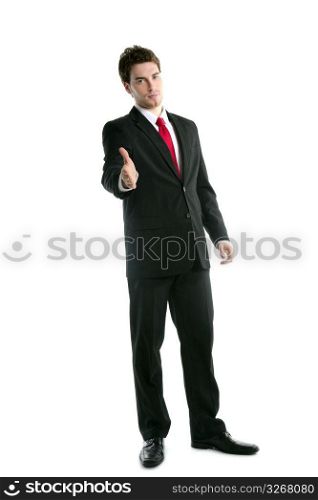full length suit tie businessman friendly handshake isolated on white