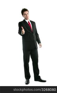 full length suit tie businessman friendly handshake isolated on white