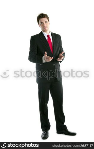 full length suit tie businessman talking hands gesture isolated on white