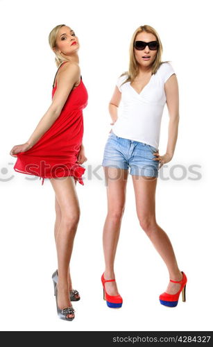 Full length two beautiful sexy crazy women in summer clothes. Studio portrait isolated on white background.