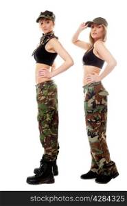 Full length two women in military clothes army girls isolated on white background.